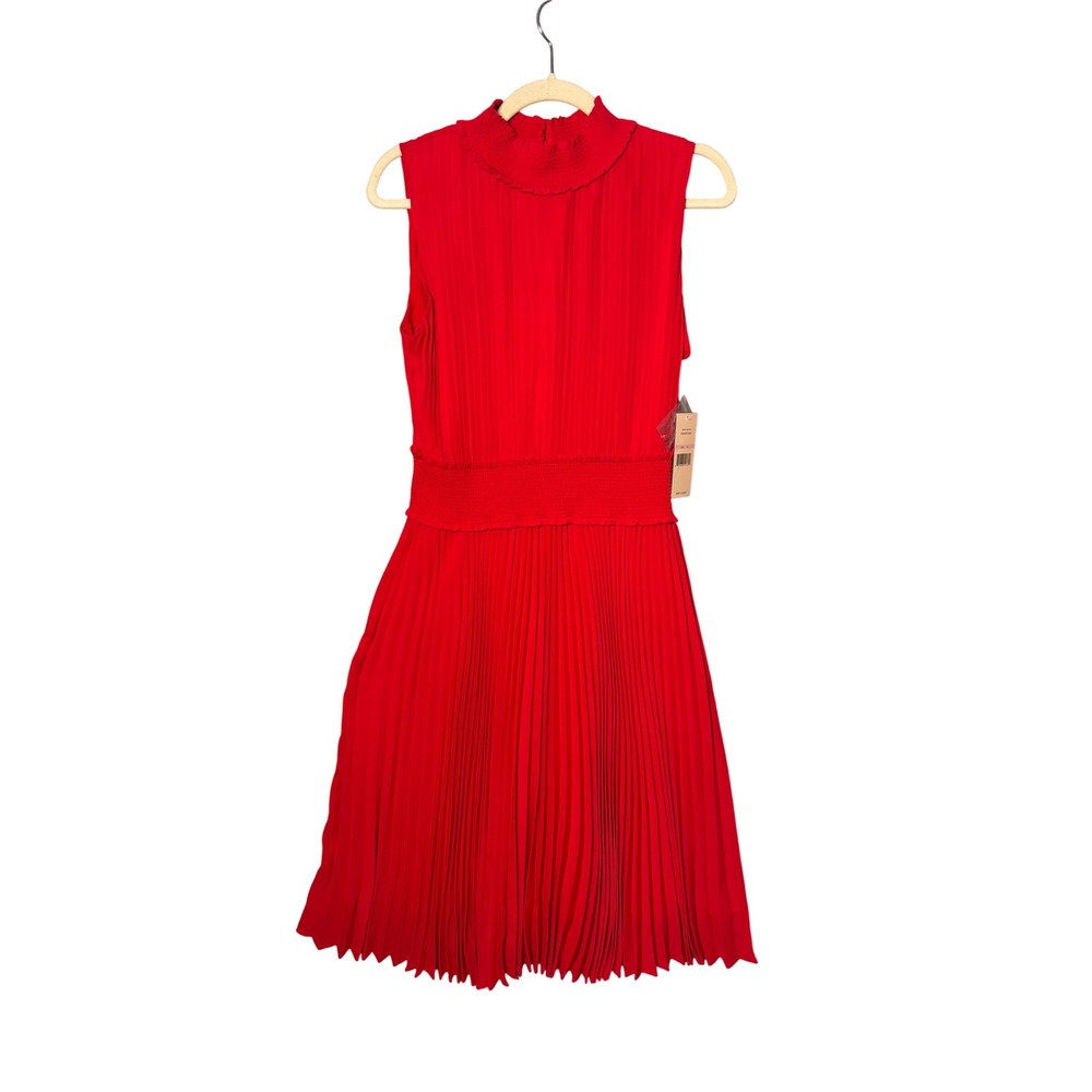 Nanette Lepore Pleated Midi Dress 10 Crimson Red Smocked Waist Mock Neck Elegant